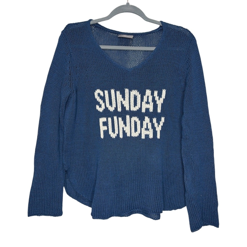 Wooden Ships Sunday Funday Blue Knit V-Neck Sweater Women S/M